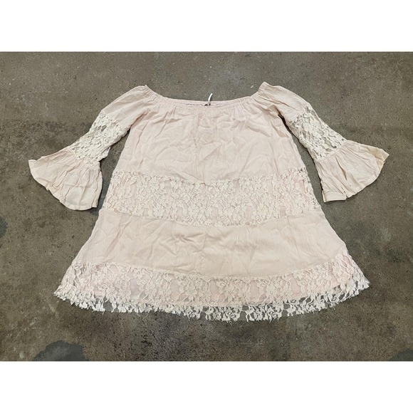 Free People Dresses & Skirts - Free People Lace Dress Womens XS‎ Pink Off Shoulder Boho Short Mini Bell Sleeve